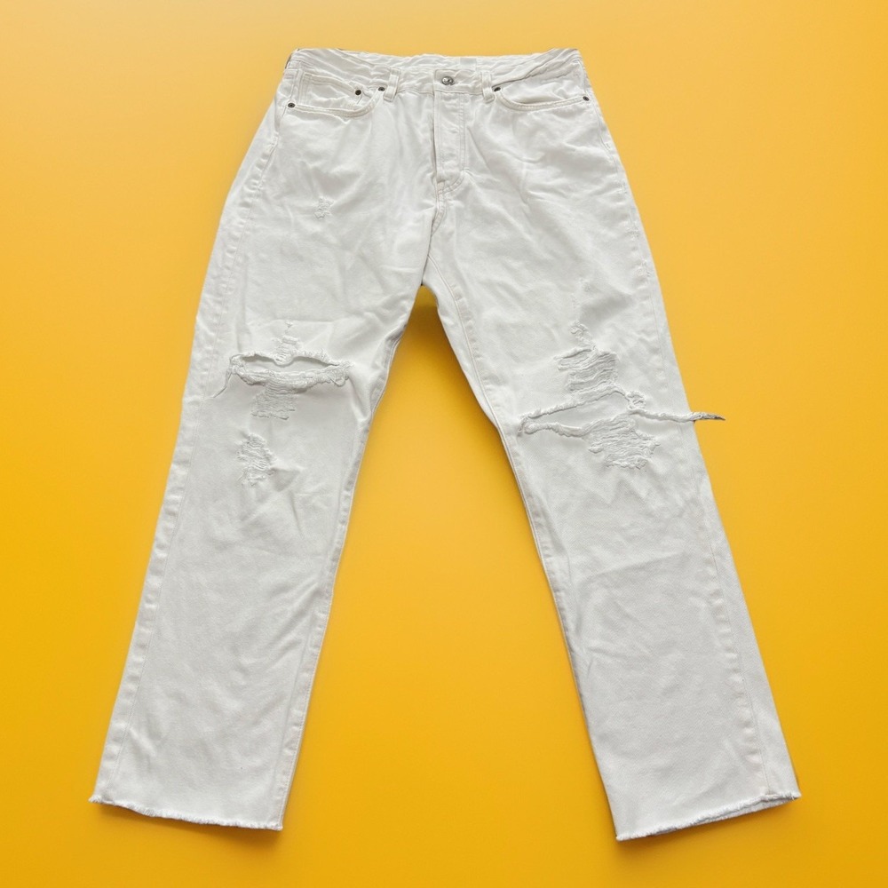 &Denim High‎ Waisted Cropped Jeans Womens 33" White Distressed Raw Hem Minimal